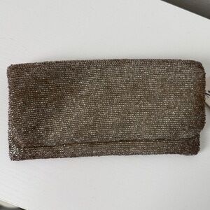 Moyna Champagne Beaded Clutch with Pink Lining NWT